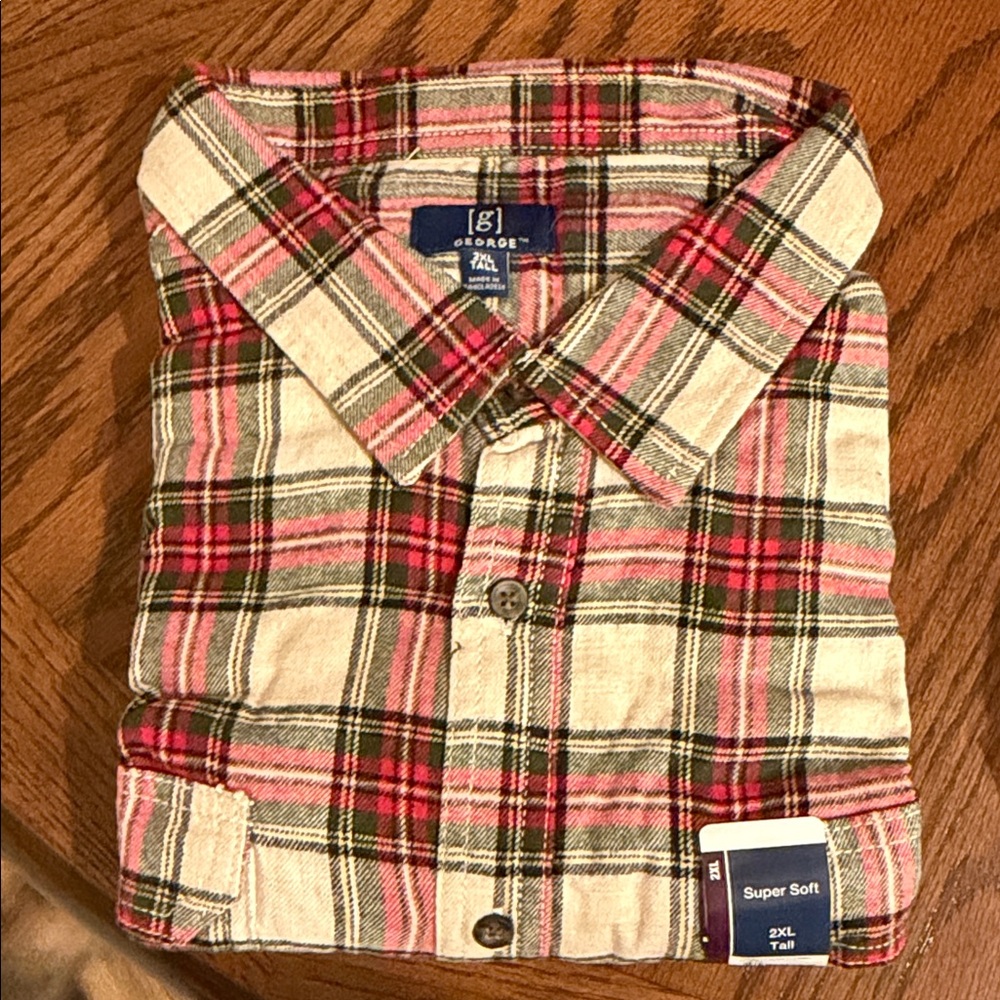 George Men's Casual Plaid Shirt - Red, Green, and White